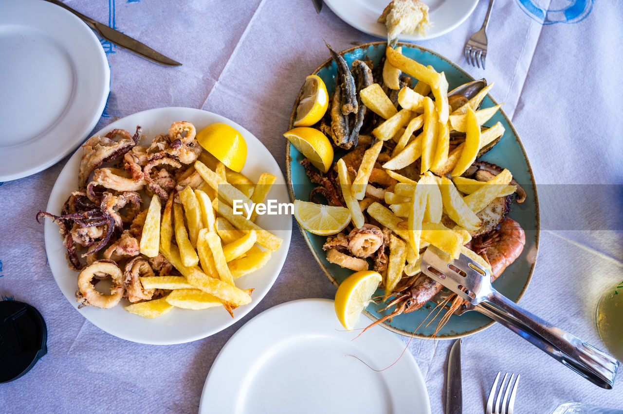 high angle view of food served on table