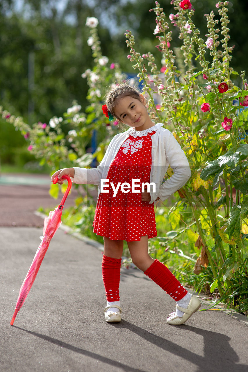 A cute little girl in a red dress and a white blouse with a pink cane umbrella stands on a summer 