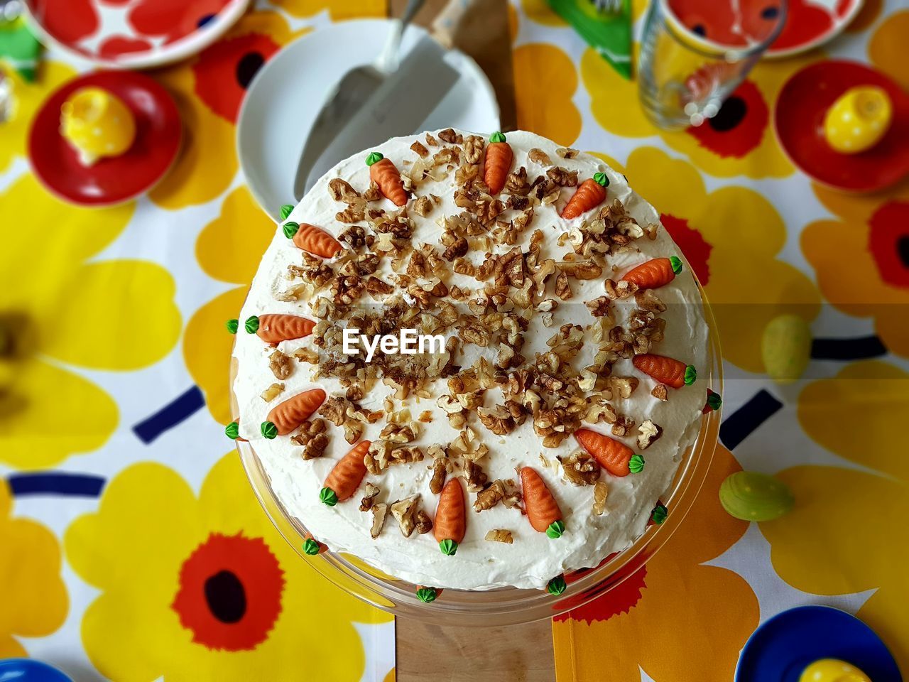 High angle view of dessert served on table