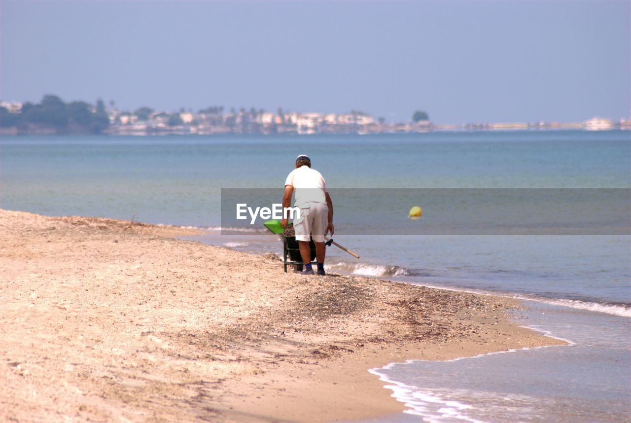 Rear view of man on beach against clear sky