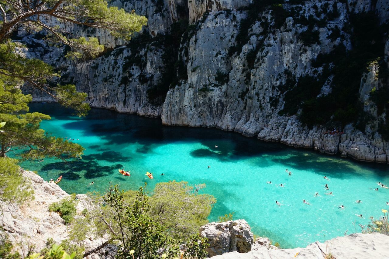 High angle view of lake by mountain