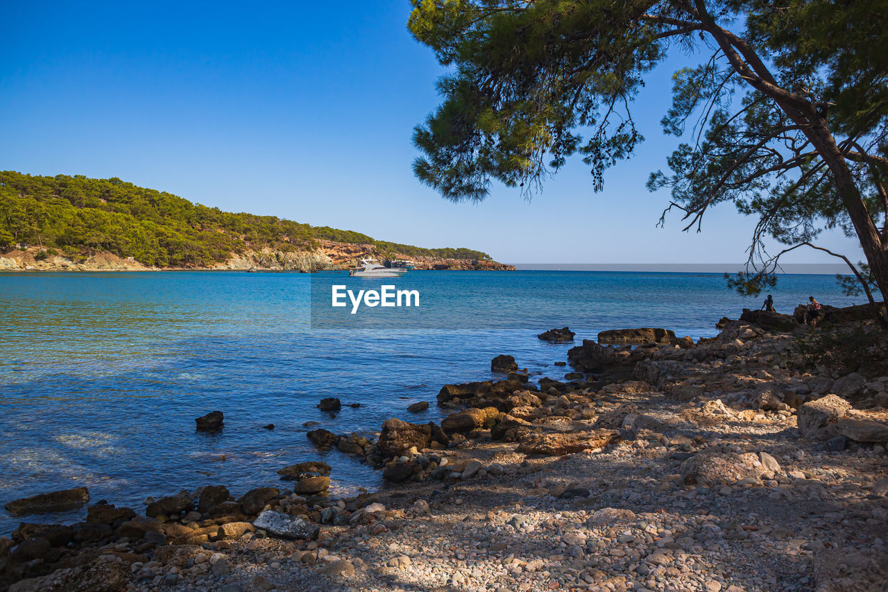 scenic view of sea against clear blue sky