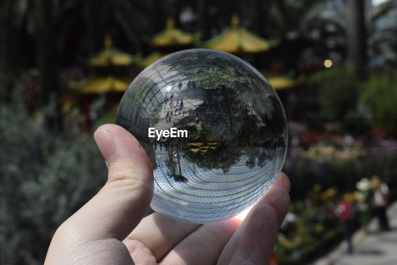 Close-up of hand holding crystal ball in park