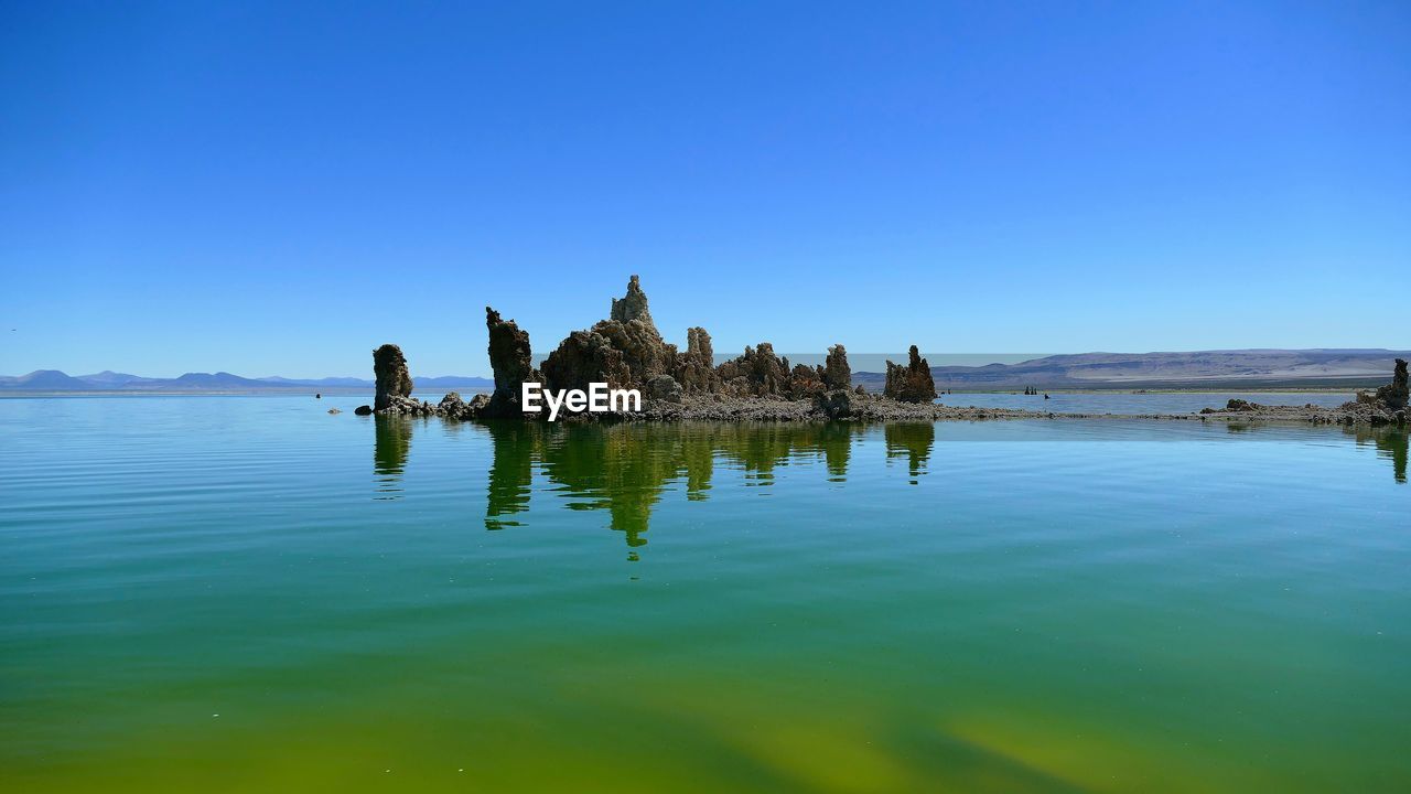 Scenic view of calm lake against clear sky