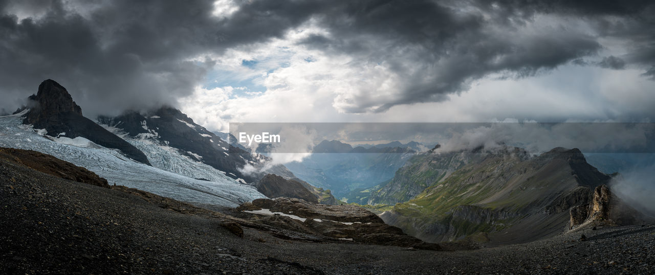 Panoramic view of snowcapped mountains against sky