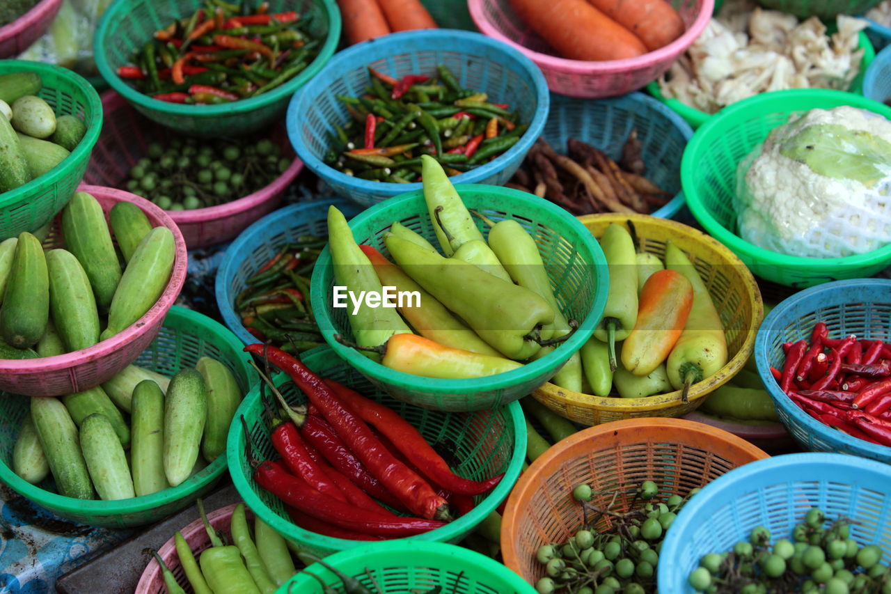 High angle view of vegetables in basket at market stall