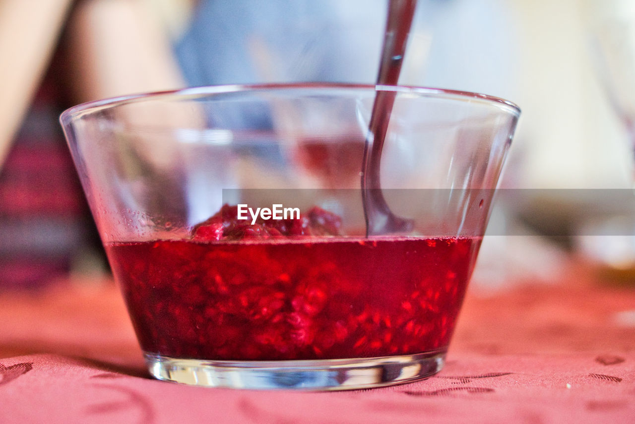 Close-up of dessert in glass on table