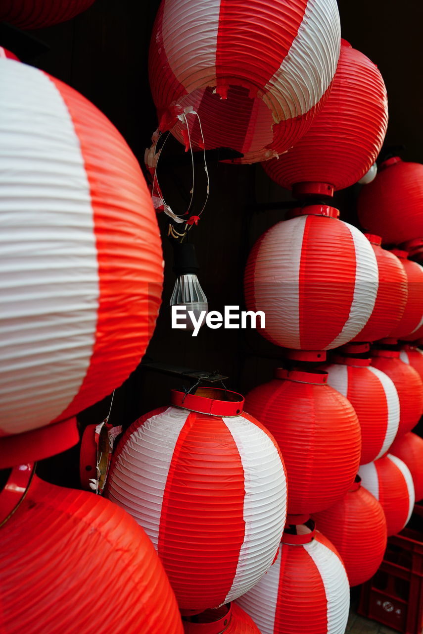 Close-up of lanterns hanging outdoors