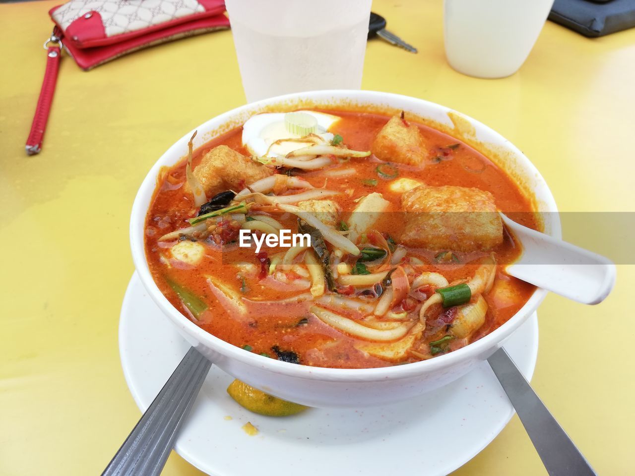 High angle view of soup in bowl on table