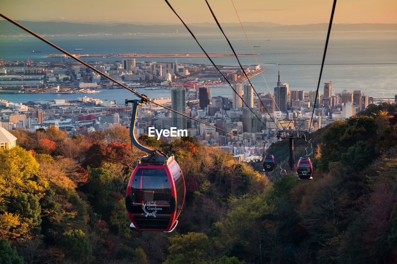 HIGH ANGLE VIEW OF OVERHEAD CABLE CARS ON CITY