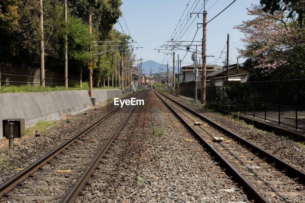 Railroad tracks amidst electricity pylons