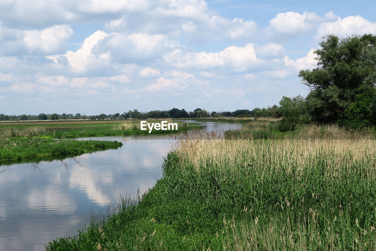 Scenic view of lake against cloudy sky