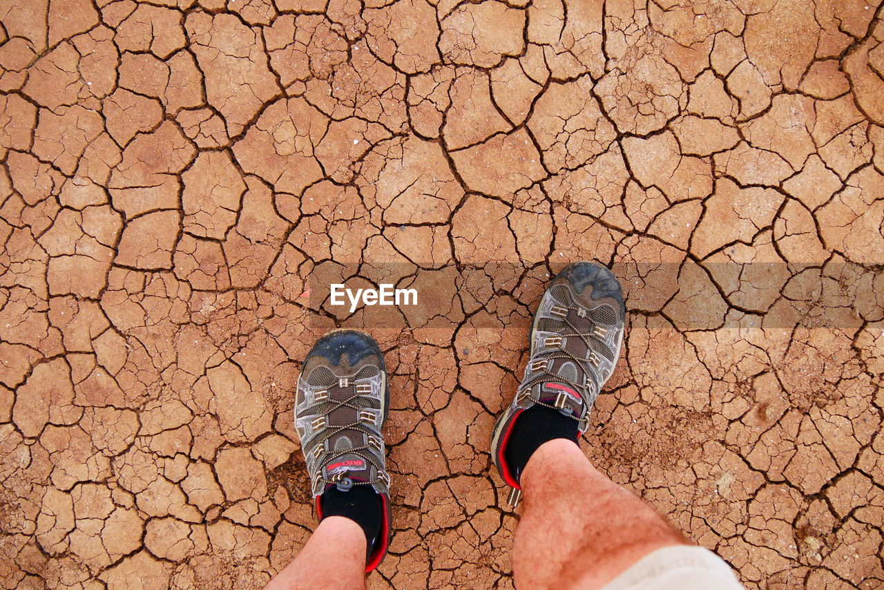 Low section of man standing on cracked field