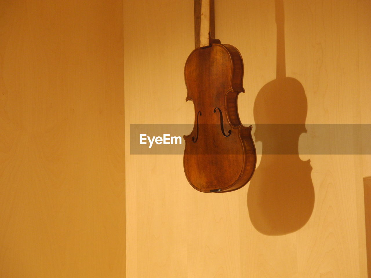 Violin hanging on yellow wall