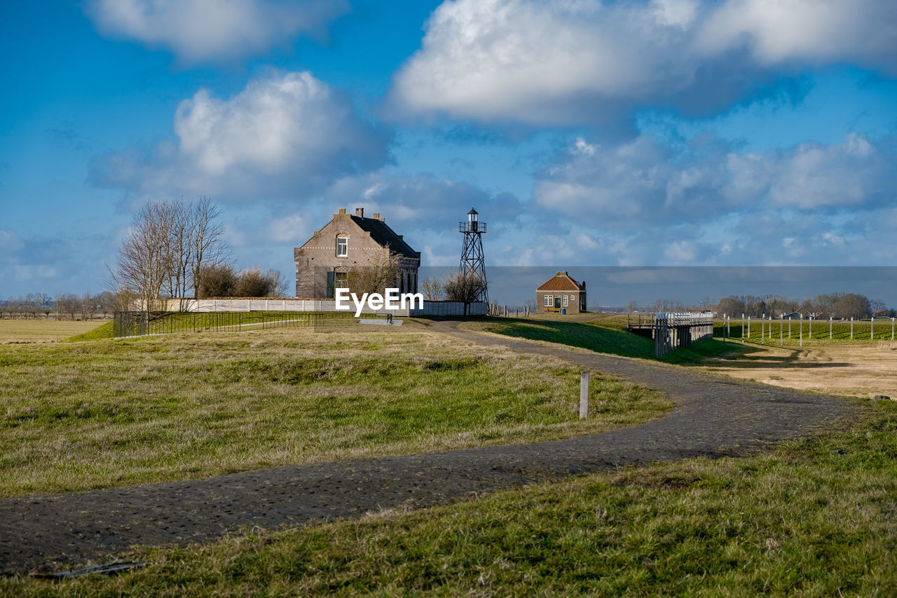 HOUSES ON FIELD AGAINST SKY