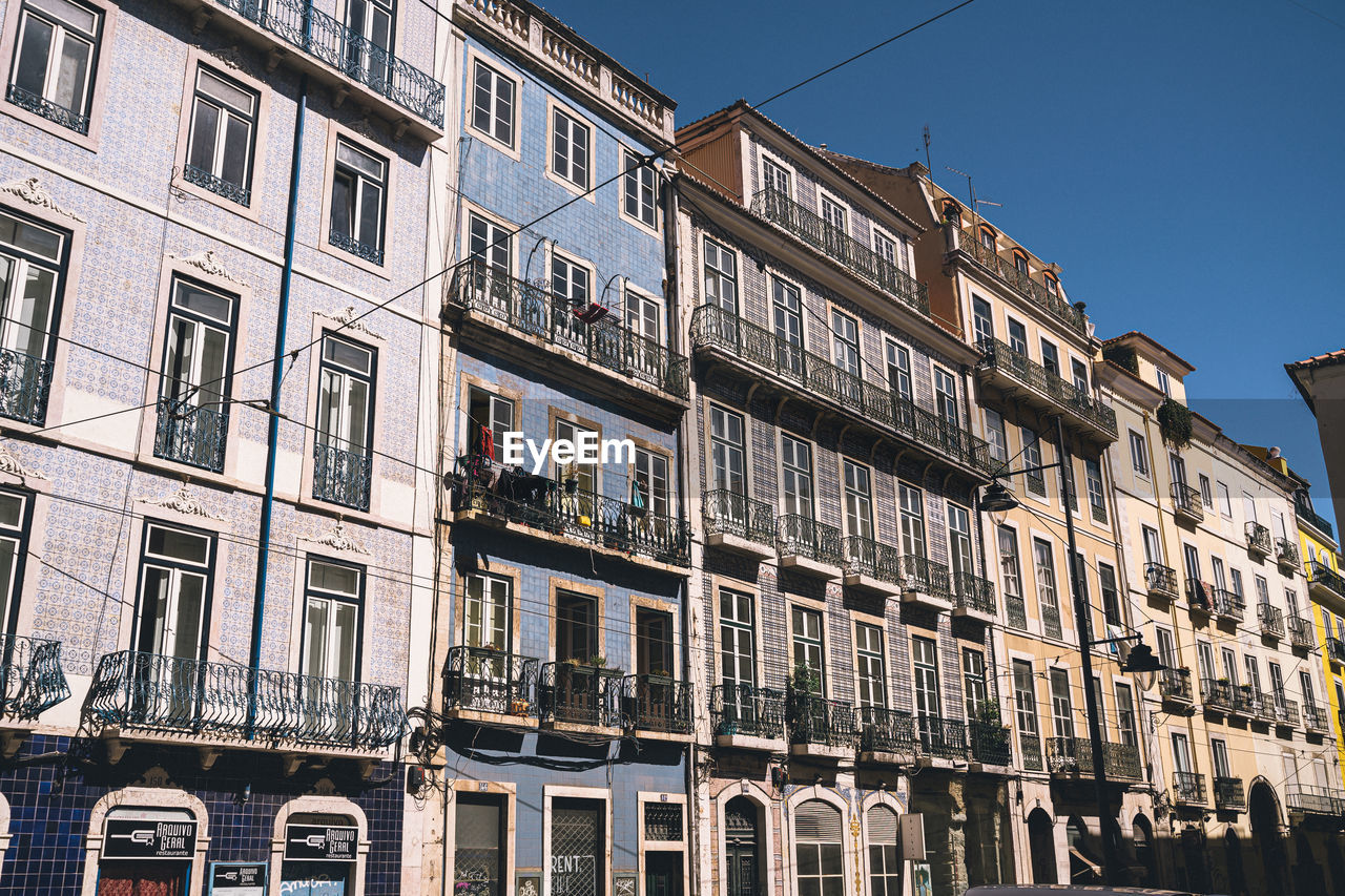 Low angle view of building against clear blue sky