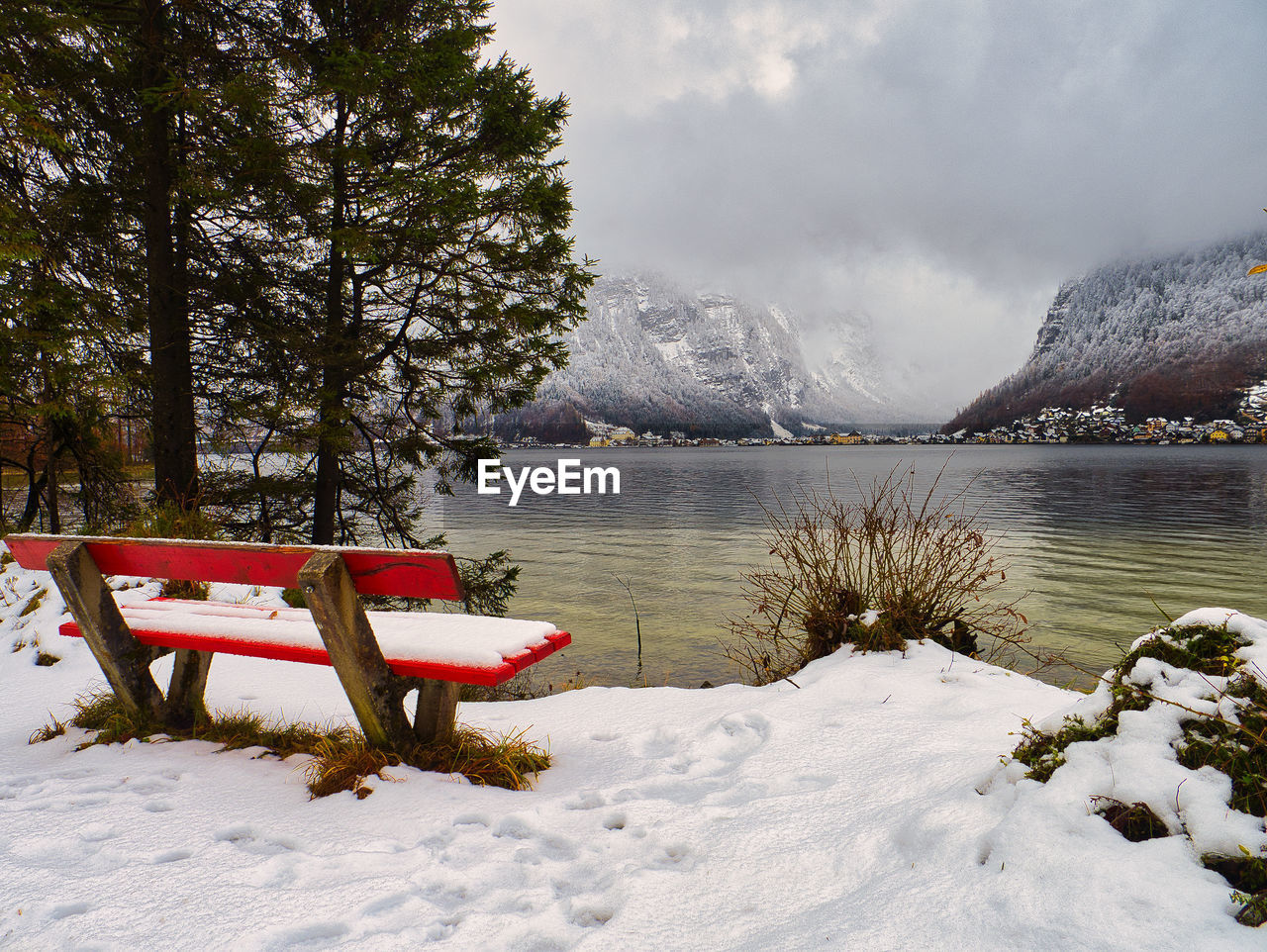 snow, cold temperature, winter, nature, tree, scenics - nature, beauty in nature, water, mountain, plant, tranquility, environment, landscape, tranquil scene, sky, lake, seat, land, furniture, cloud, travel destinations, no people, bench, coniferous tree, pinaceae, travel, non-urban scene, outdoors, forest, day, holiday, vacation, trip, relaxation, snowcapped mountain, tourism, frozen, mountain range, idyllic, pine tree, beach, pine woodland, absence