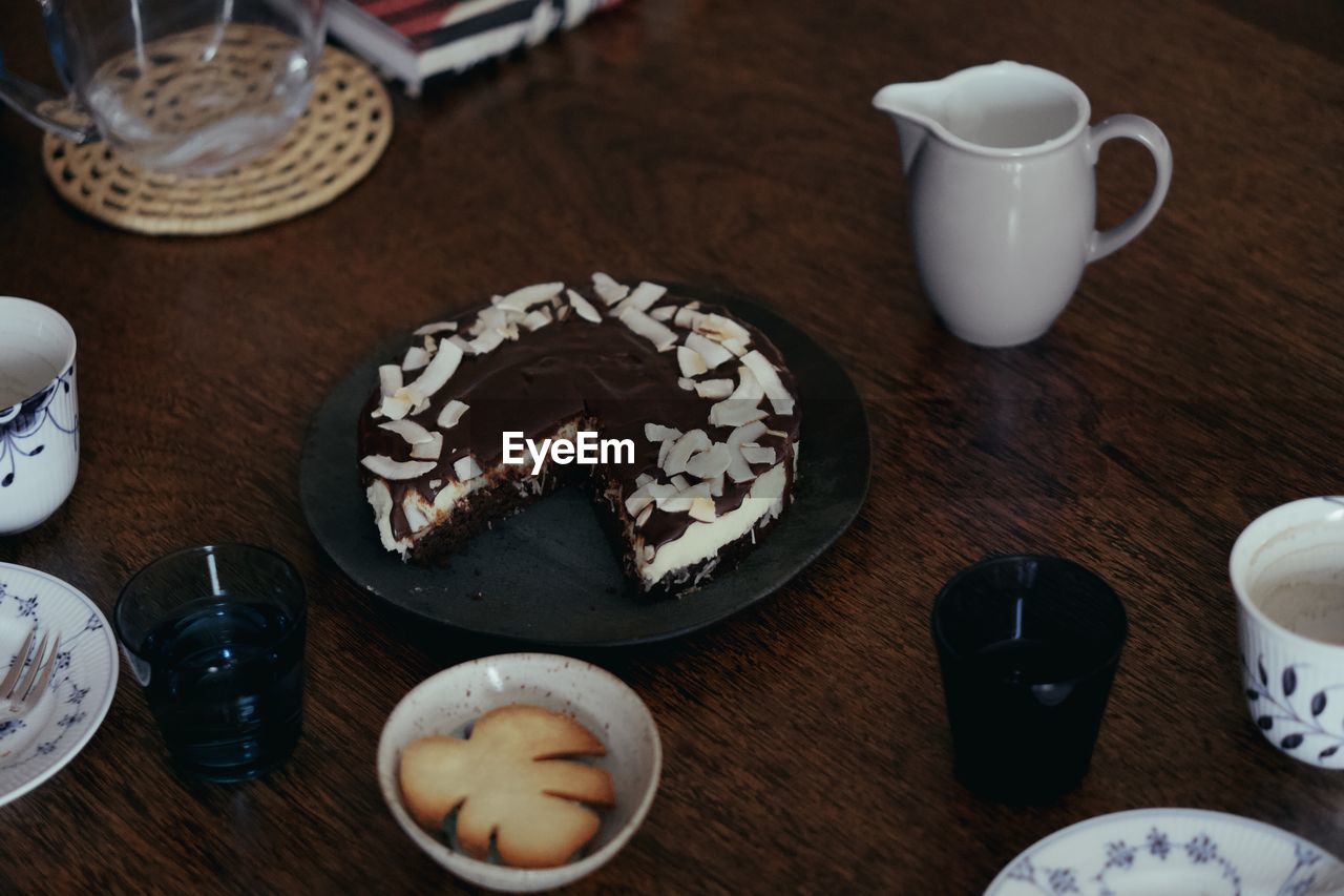 High angle view of dessert on table