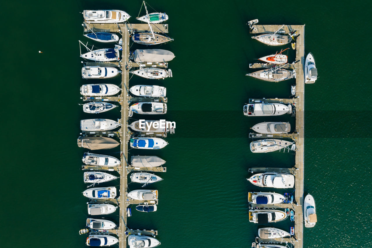 High angle view of boats moored in sea