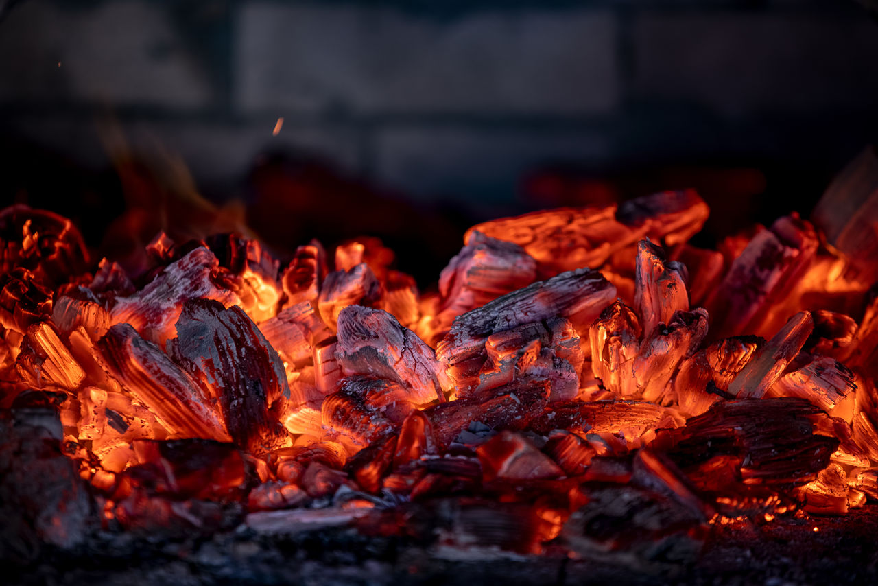close-up of burning firewood