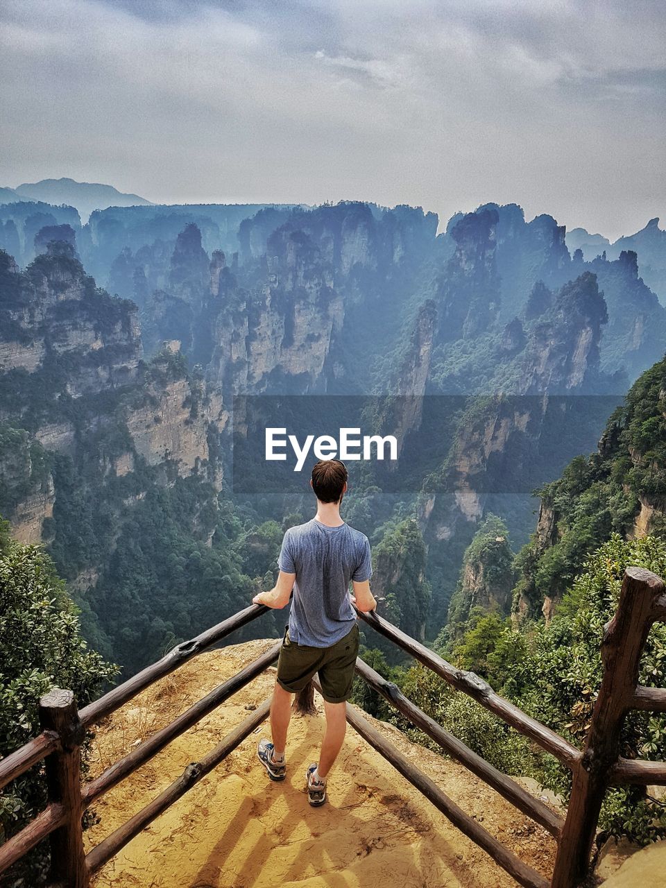 Rear view of man standing at mountain in zhangjiajie national forest park