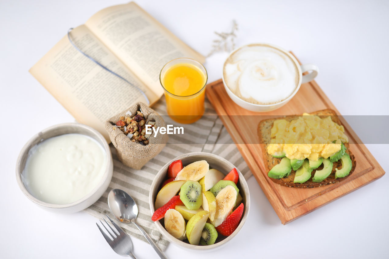 High angle view of breakfast on table