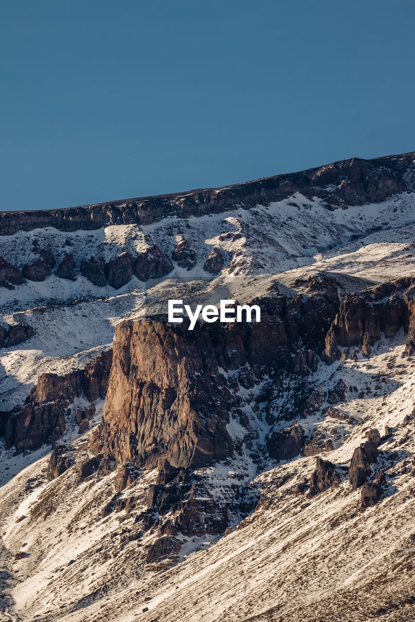 Aerial view of landscape and mountains against clear blue sky