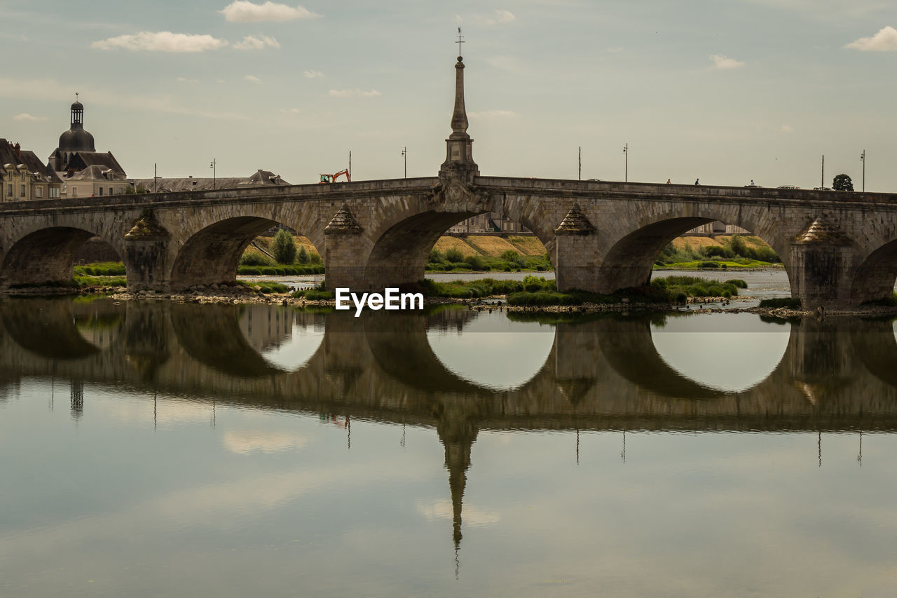 Bridge over river with buildings in background