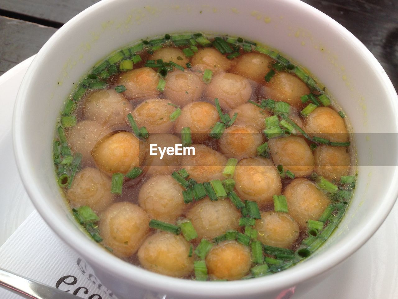 High angle view of soup served in bowl