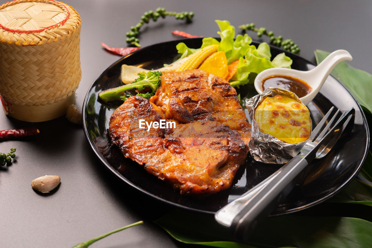 Close-up of food in plate on table