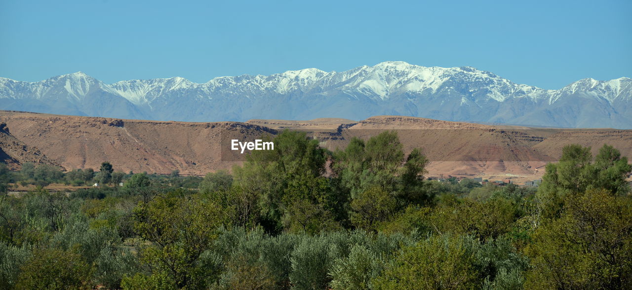 Scenic view of landscape and mountains against blue sky