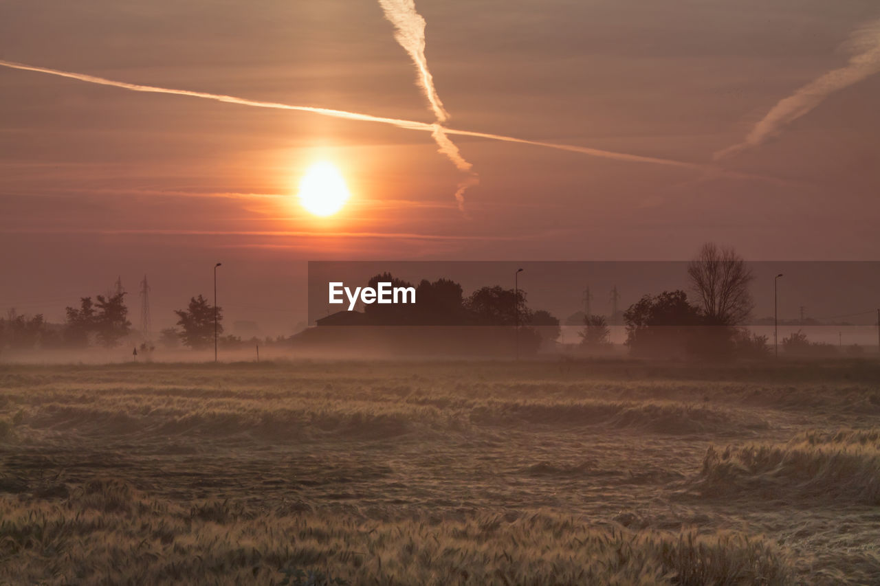 Scenic view of landscape against orange sky