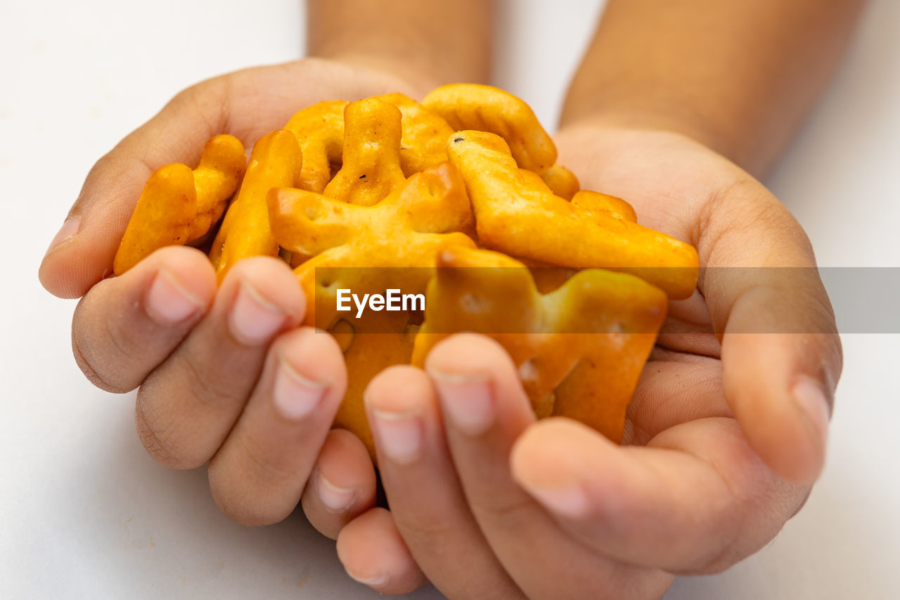 cropped hands of woman holding food on white background