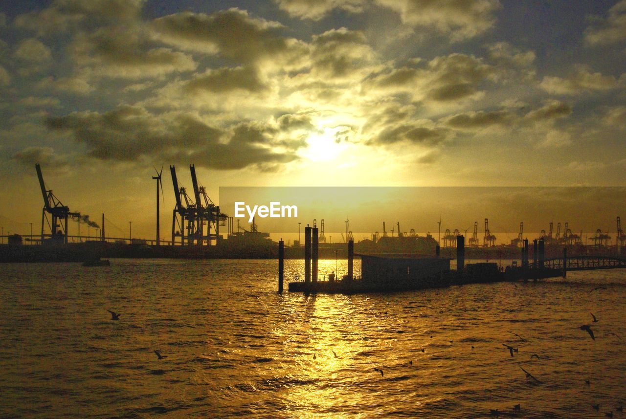 SILHOUETTE CRANES AT HARBOR DURING SUNSET