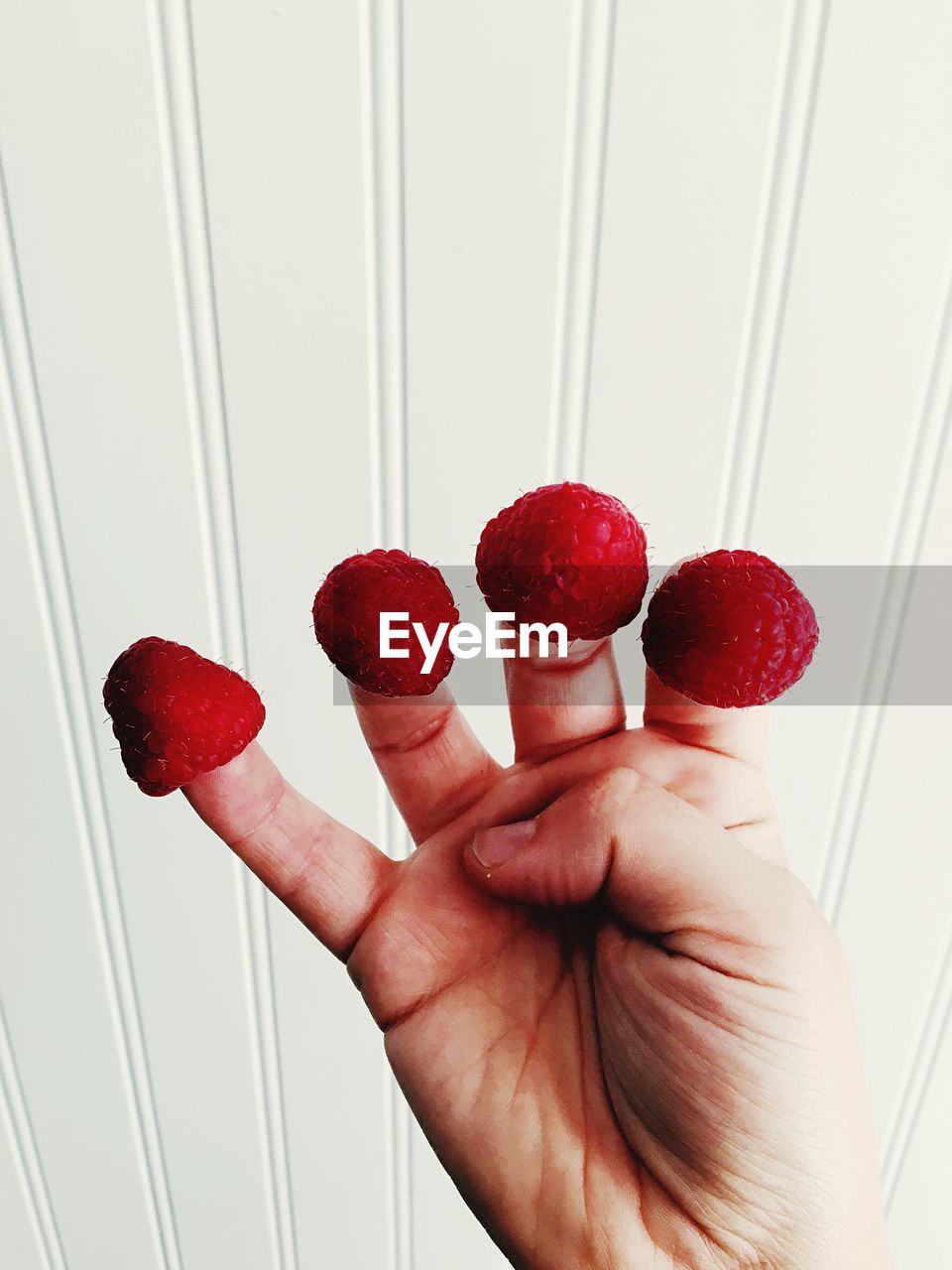 Close-up of red berries on tip of persons finger