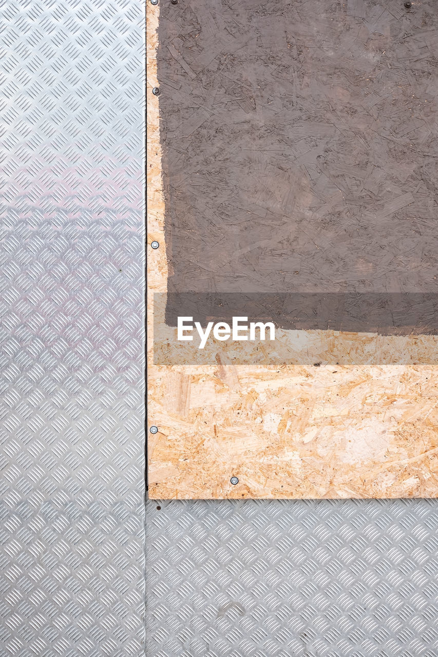 flooring, floor, tile, no people, pattern, backgrounds, full frame, textured, brown, day, architecture, wood, close-up, built structure, wall - building feature, wall, outdoors, gray, copy space, metal