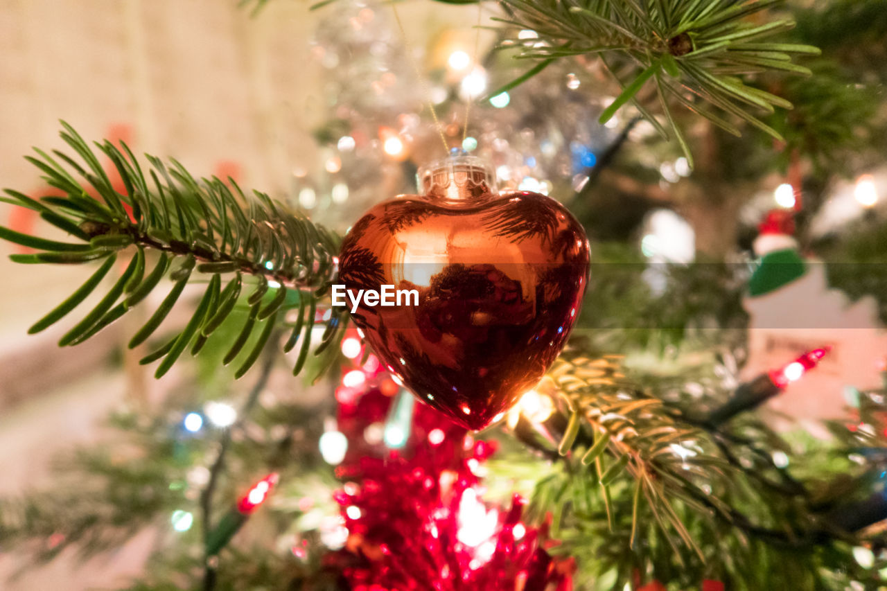 CLOSE-UP OF CHRISTMAS DECORATION HANGING ON TREE AT HOME