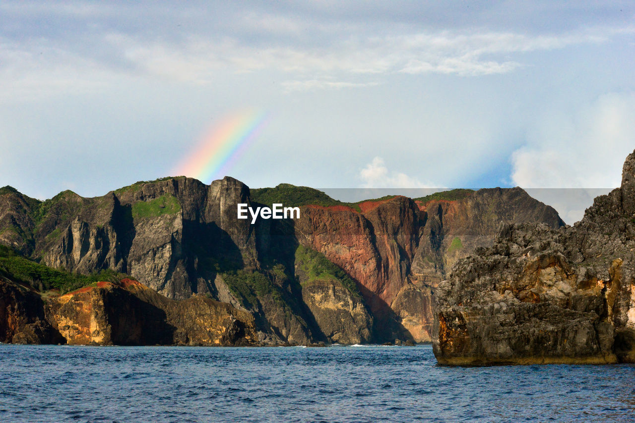 Scenic view of sea and rock formations against sky