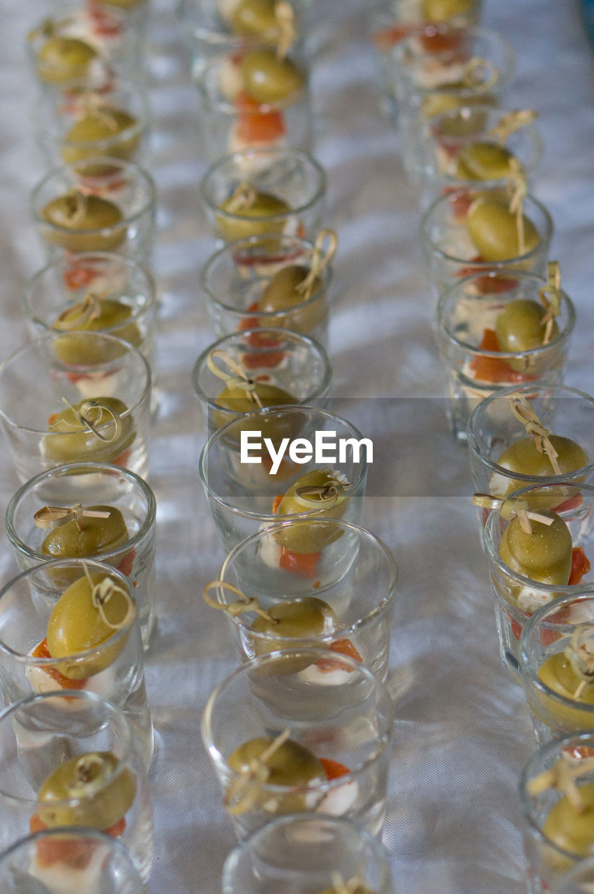 High angle view of food in glasses on table