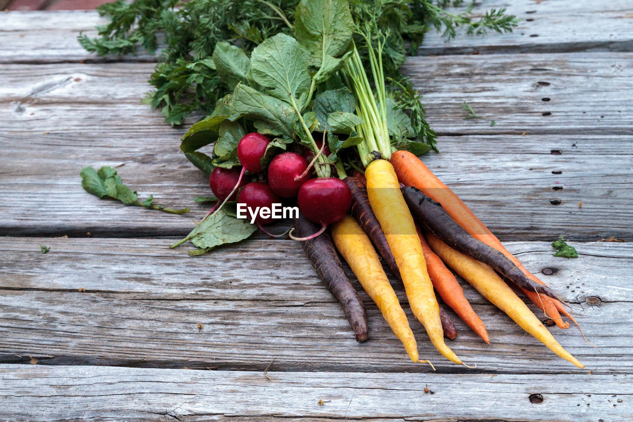 High angle view of vegetables on table