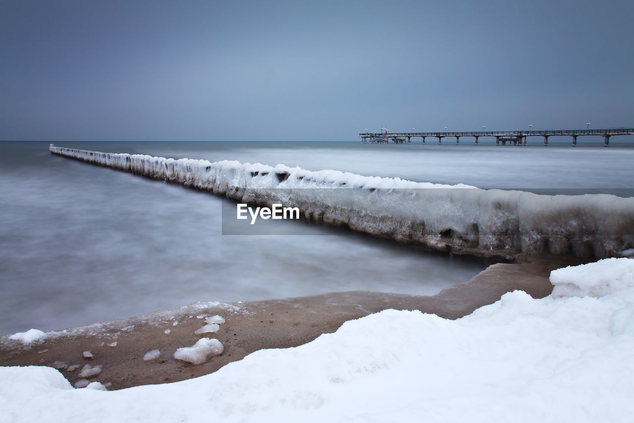 View of frozen sea against clear sky