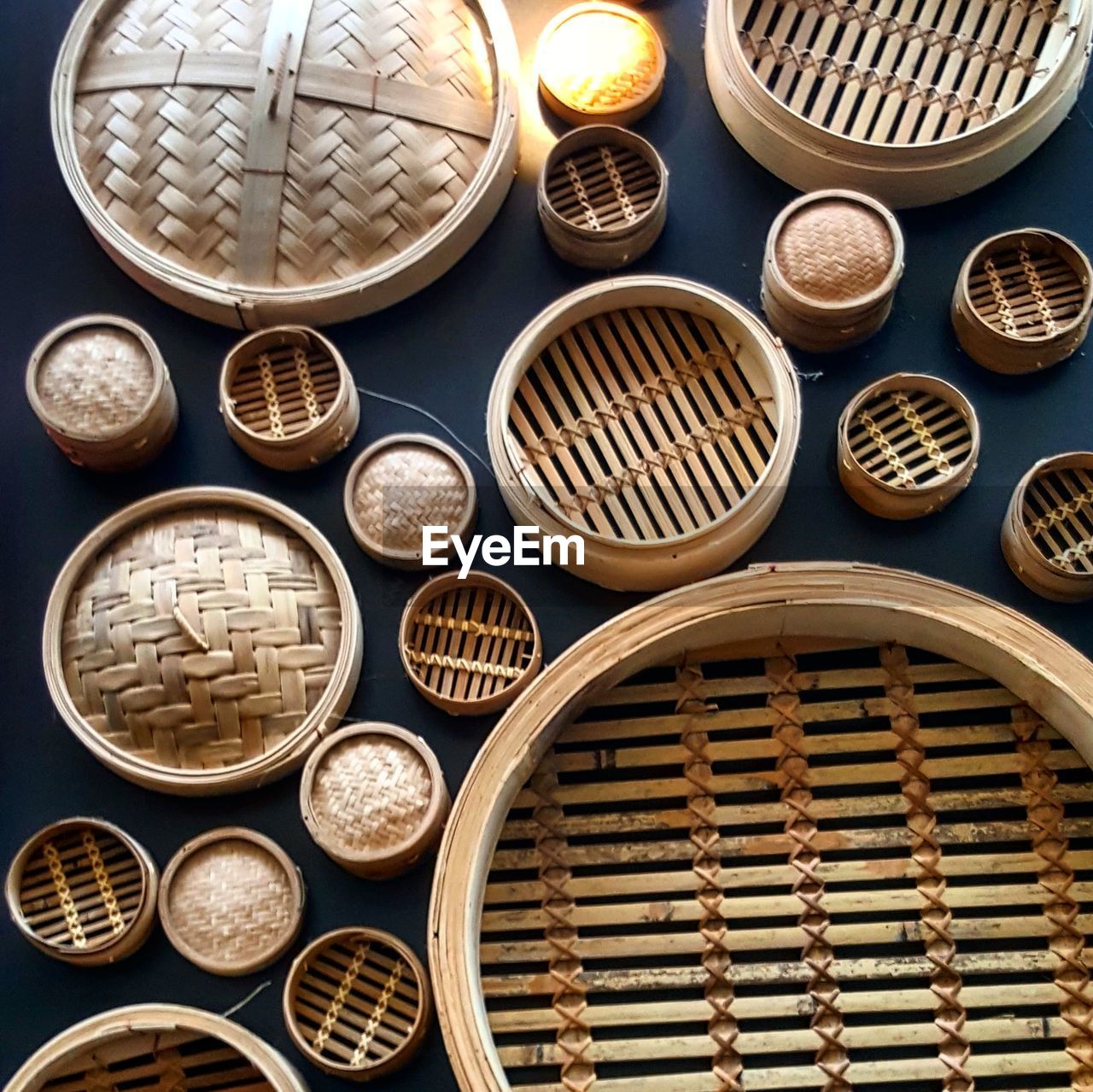 High angle view of wicker containers