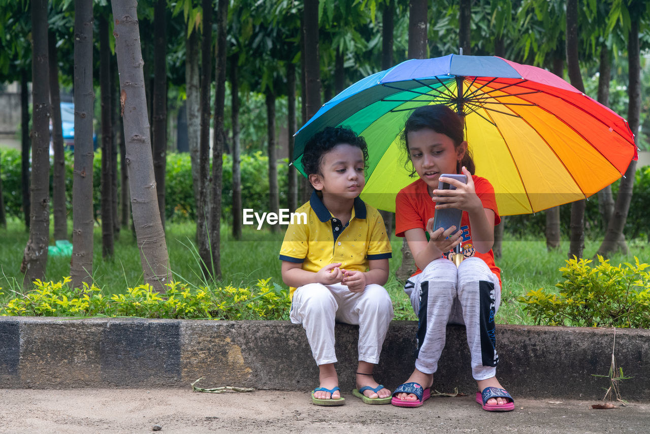 Portrait of smiling friends using mobile phone while sitting in park