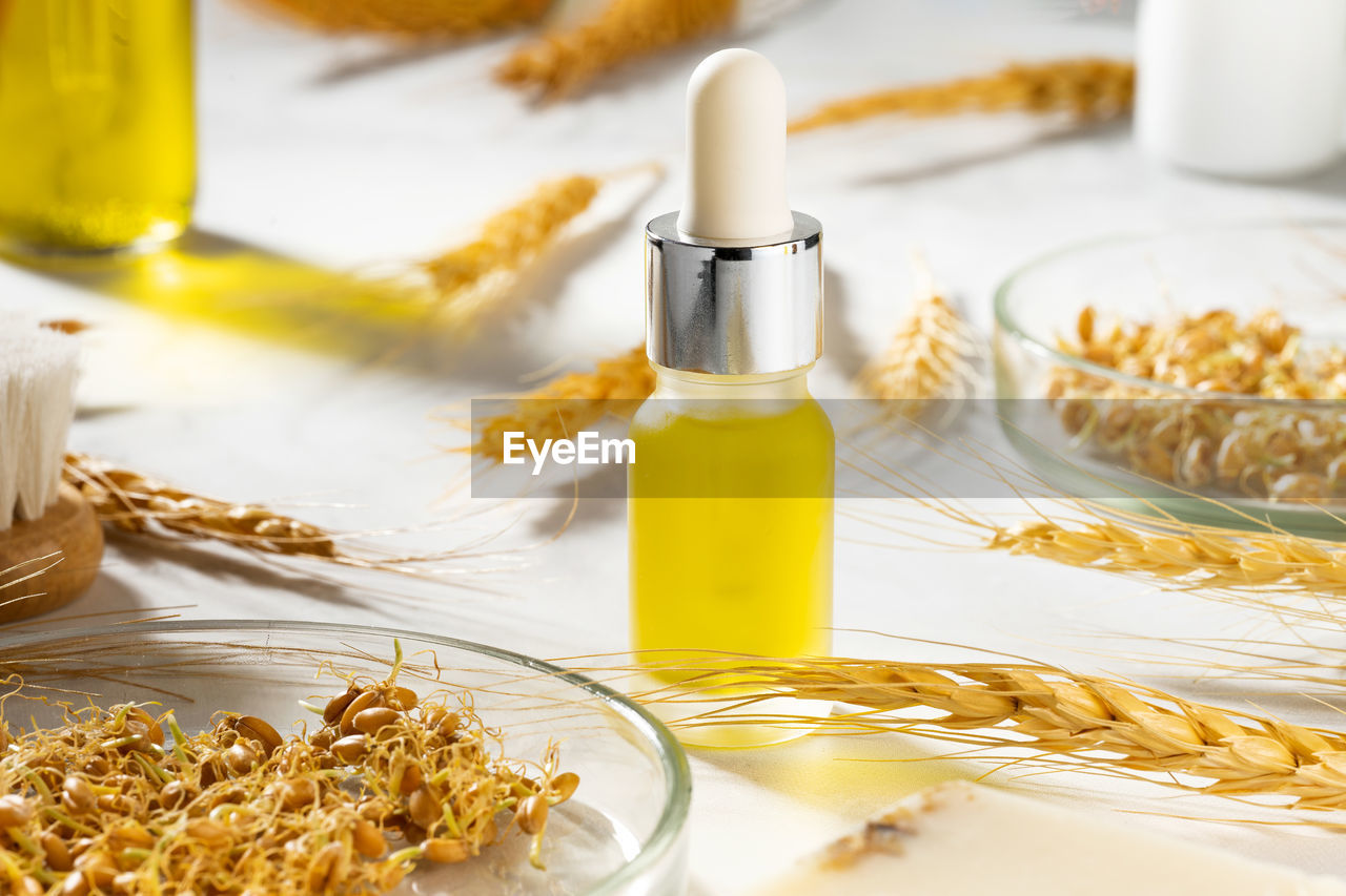 Wheat serum oil for skin and hair care. self-care, spa and wellness