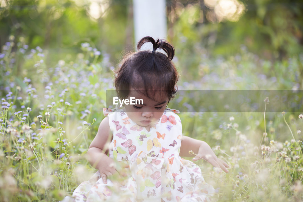 Cute girl with flowers on field