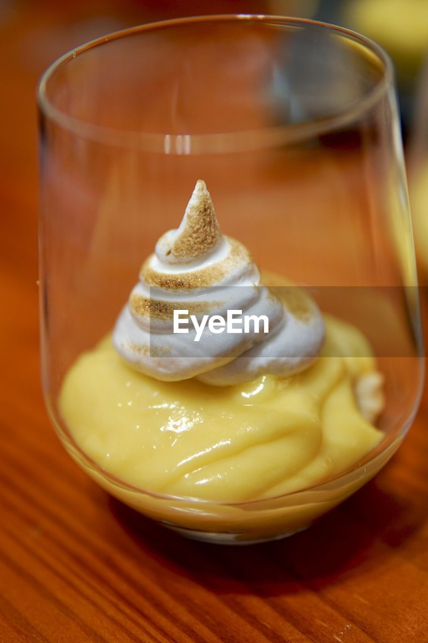 Close-up of dessert in glass on table