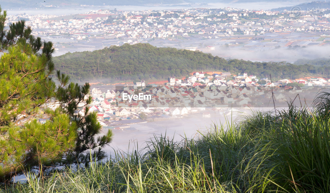 High angle view of bay against sky