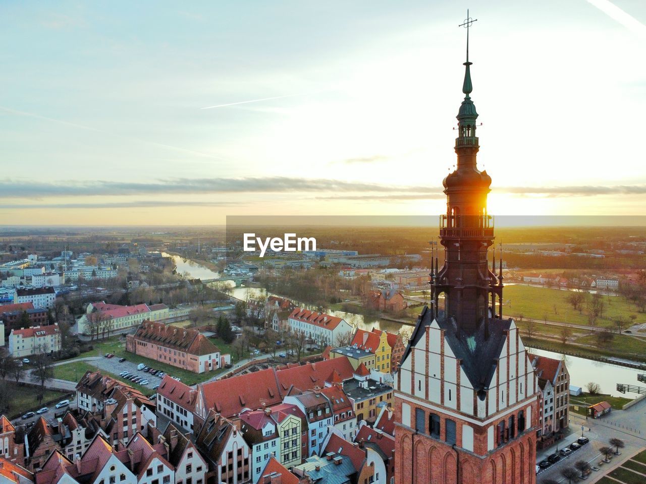 Drone shot of an old town in elblag at sunset