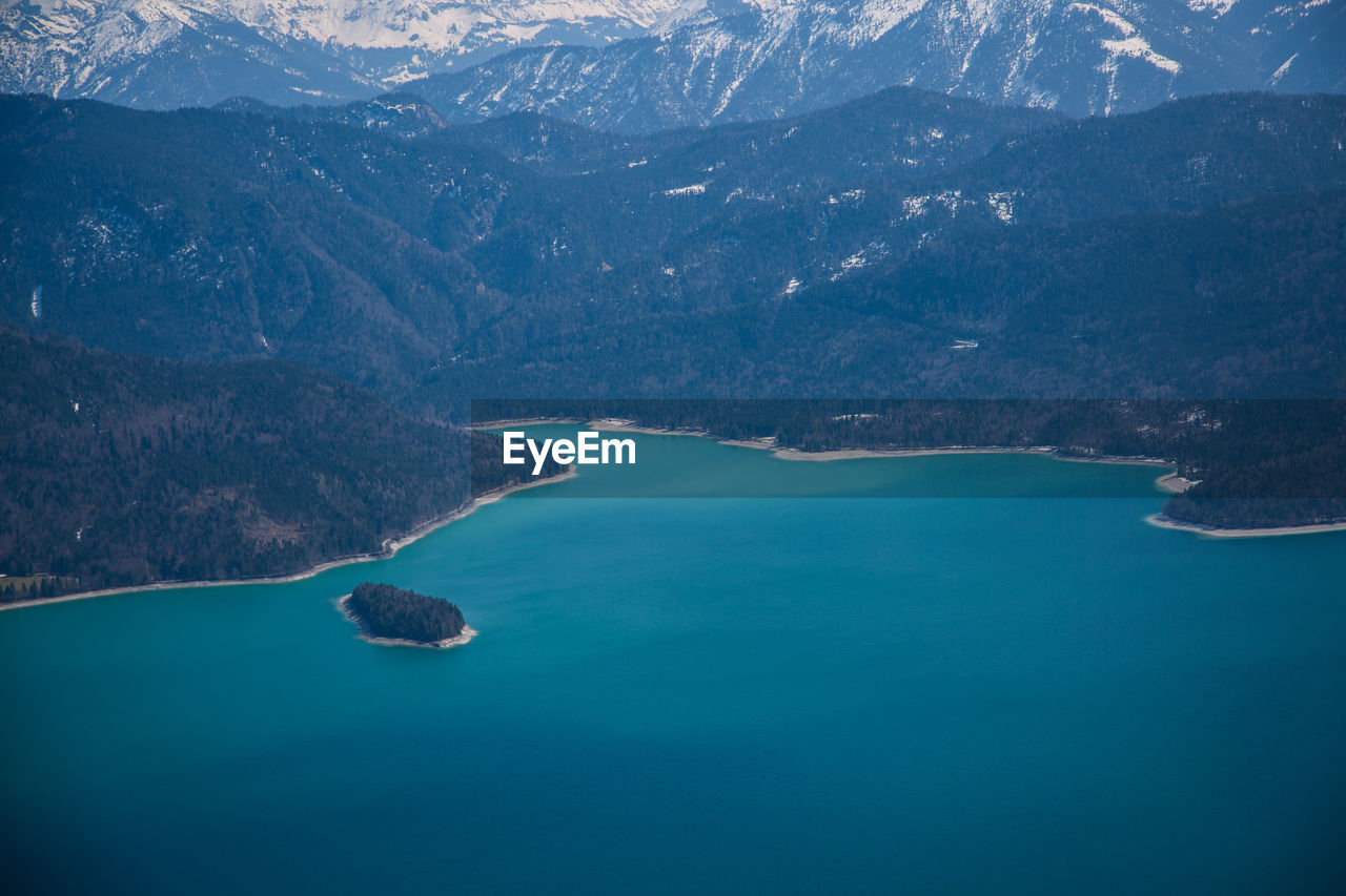 High angle view of sea and mountains