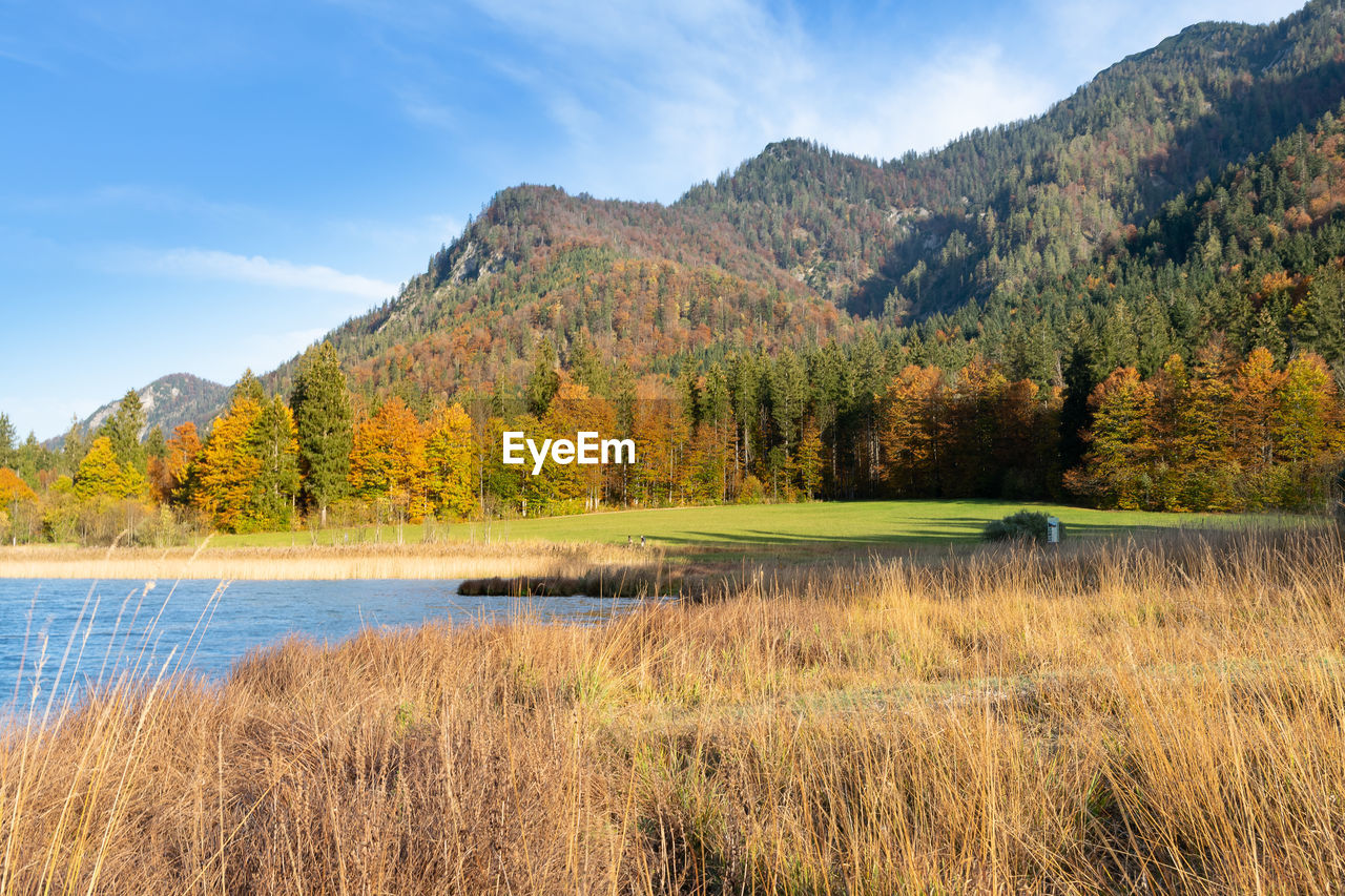 Scenic view of lake by mountain against sky